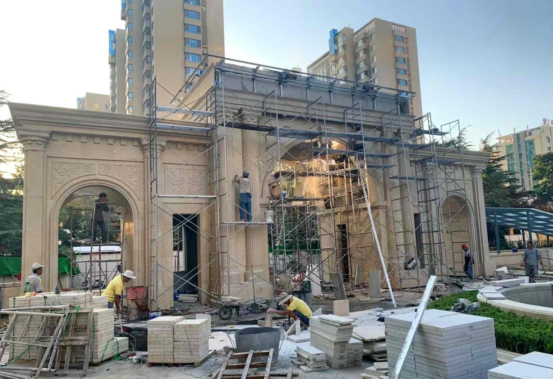 内蒙古 黄金麻荔枝面花岗岩小区门楼外墙干挂